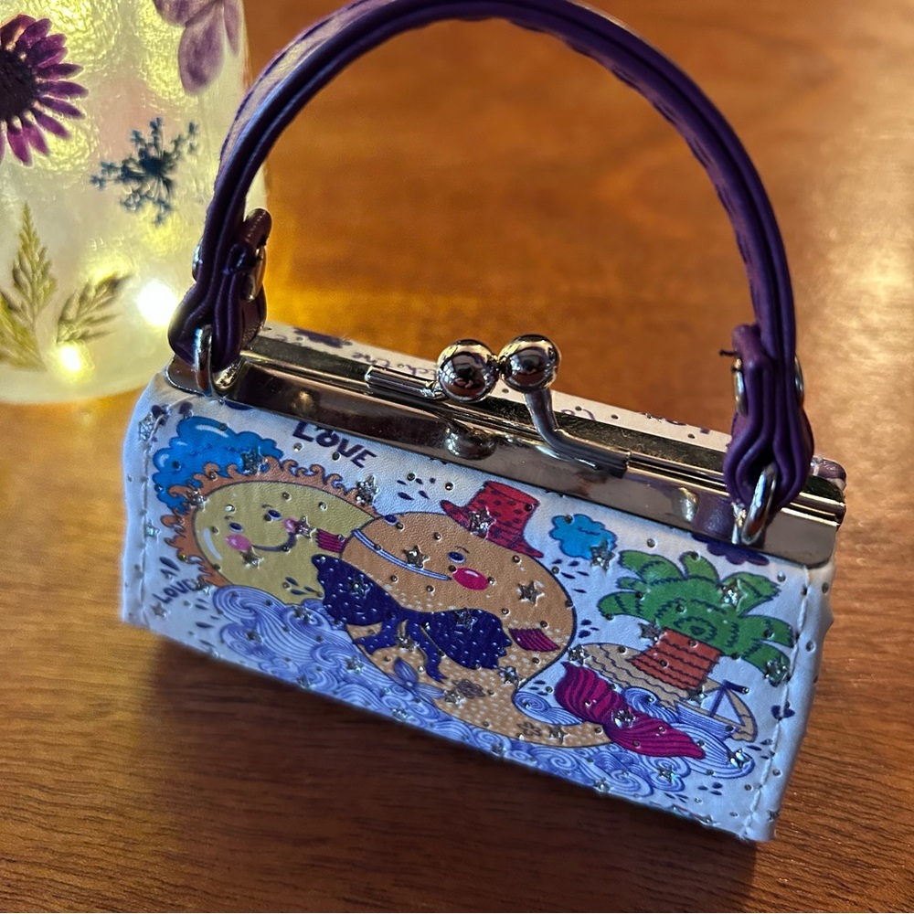 Tic Tok Lipstick Coin Mini Purse Purple Handle Whale Sun Tree Clasp Closure